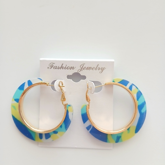 Fashion Jewelry Vibrant Blue and Yellow Hoops - Picture 2 of 4